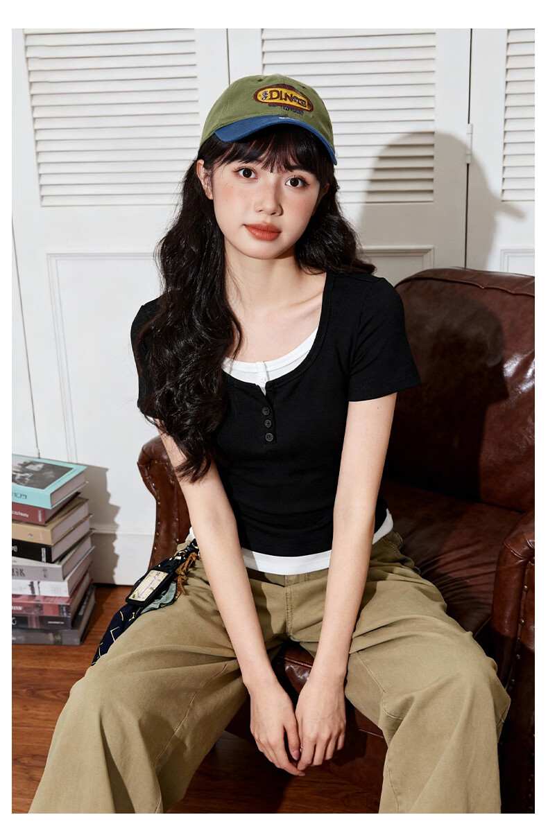 TonLion Women's Summer 2026 New Slim Fit Shoulder Patch Two-Piece Style Short Sleeve T-Shirt Top 9