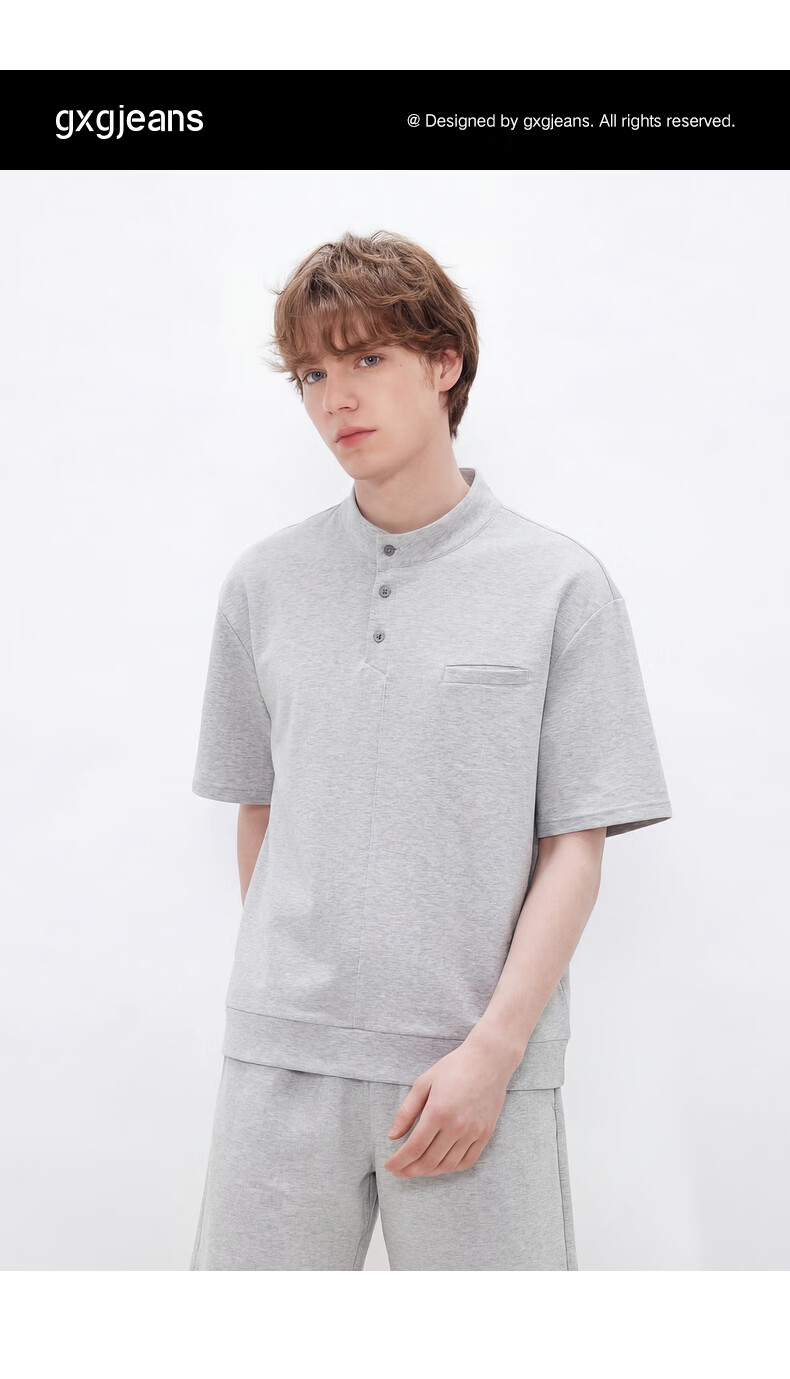 Gxgjeans Men's Casual Basic Henry Collar Stand Collar Short Sleeve Polo Shirt 26 Summer New Light Khaki 180/XL 1