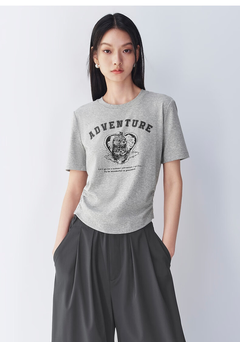 Peacebird Women's Short Sleeve T-Shirt Summer Waist Pleated Slim Fit Versatile Textured Cropped Top White M 21