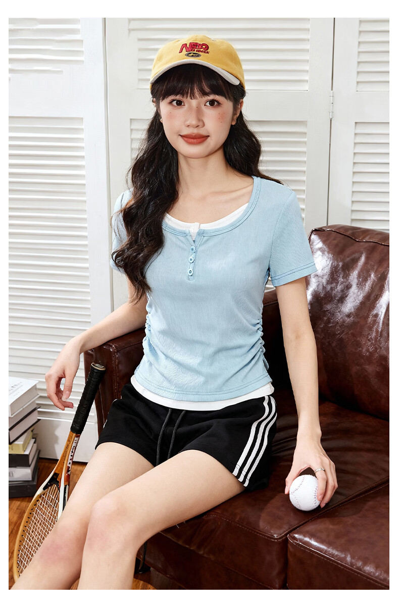 TonLion Women's Short Sleeve T-Shirt Summer New Fake Two-Piece High-End Shoulder Slim Fit Short Crop Top Spicy Girl Style 11
