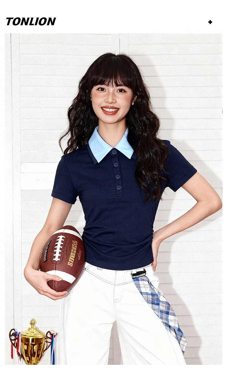 TonLion Women's Short Sleeve T-Shirt Polo Collar Slim Fit Crop Top 2026 Summer New College Style 9