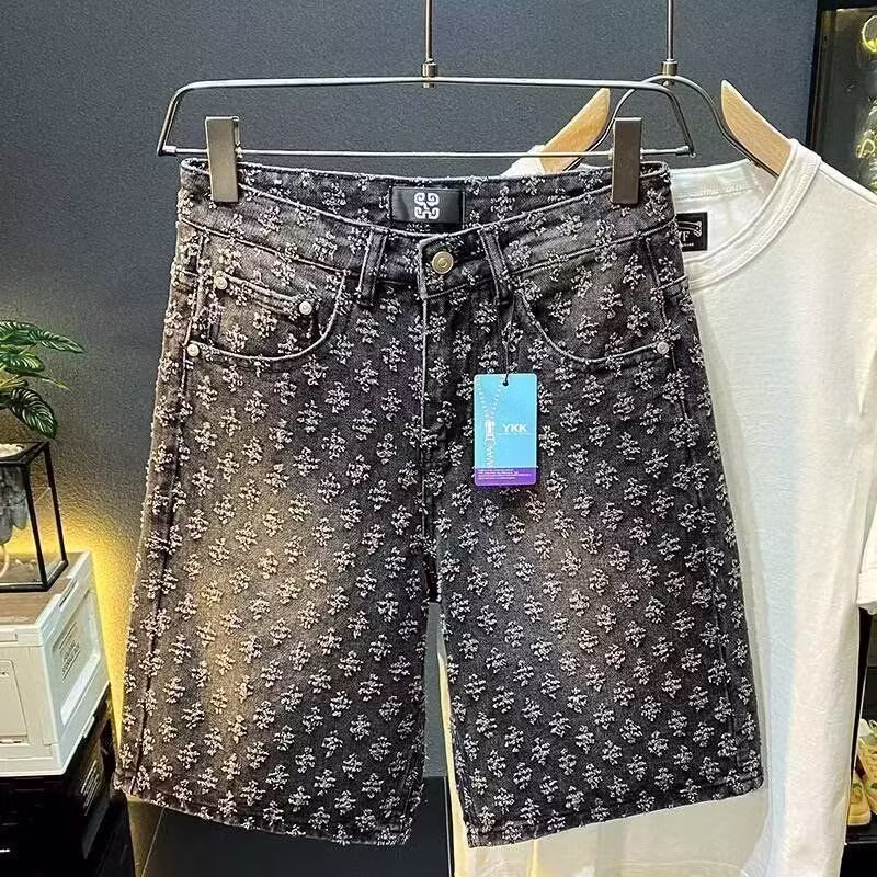 Full Print Jacquard Denim Shorts Men's Summer American Retro Trendy Brand Design Sense Student Ruffian Handsome Casual Five-point Pants, Blue S_viptrois.com