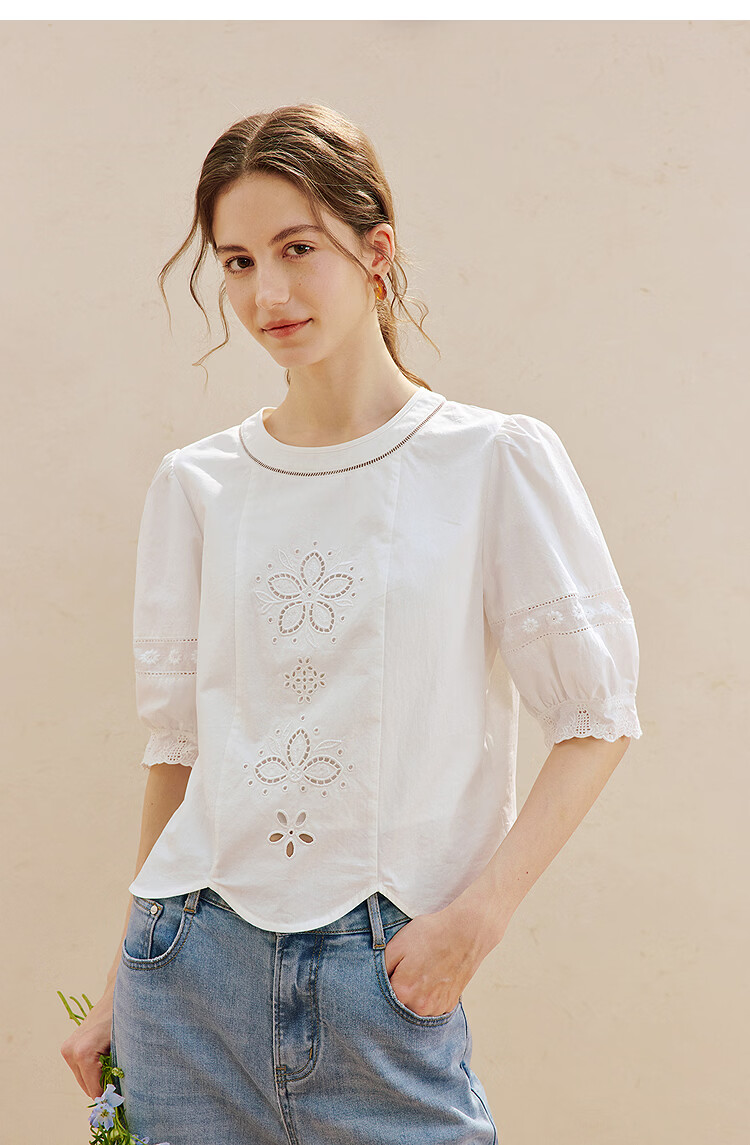 INMAN 100% Xinjiang Cotton Hollow Splicing Puff Sleeve Shirt Summer 2026 New Pullover White L 15