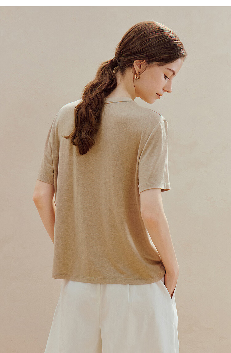 INMAN Acetate Linen Pet Embroidery T-Shirt 26 Summer Women's New Regular Fit Short Sleeve Top Khaki L 23