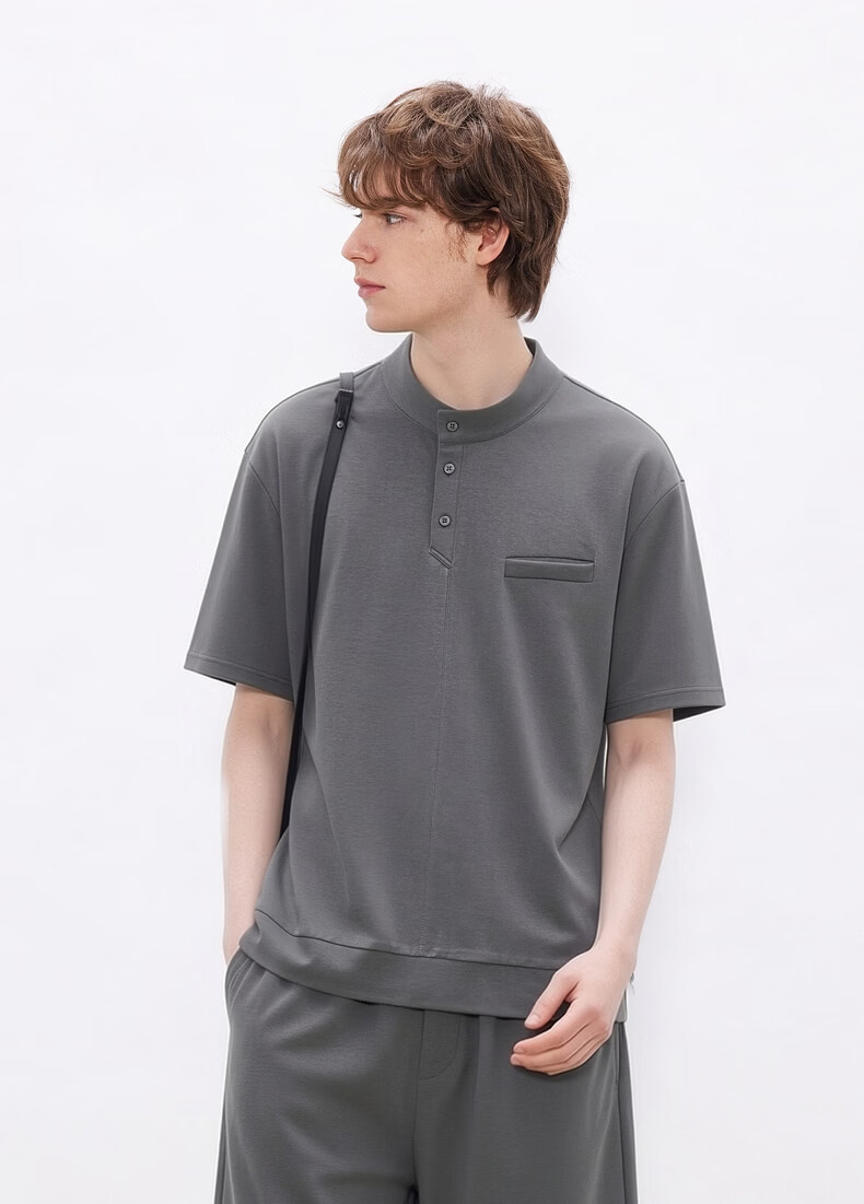 Gxgjeans Men's Casual Basic Henry Collar Stand Collar Short Sleeve Polo Shirt 26 Summer New Light Khaki 180/XL 11