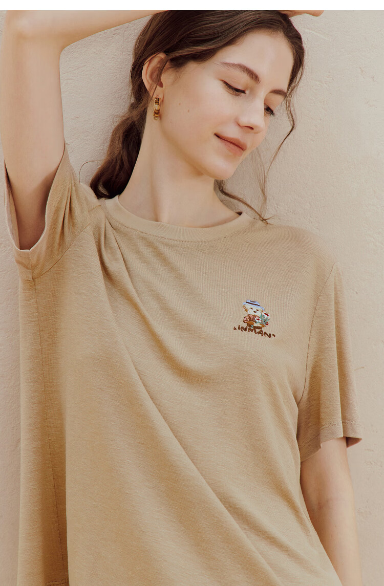 INMAN Acetate Linen Pet Embroidery T-Shirt 26 Summer Women's New Regular Fit Short Sleeve Top Khaki L 20