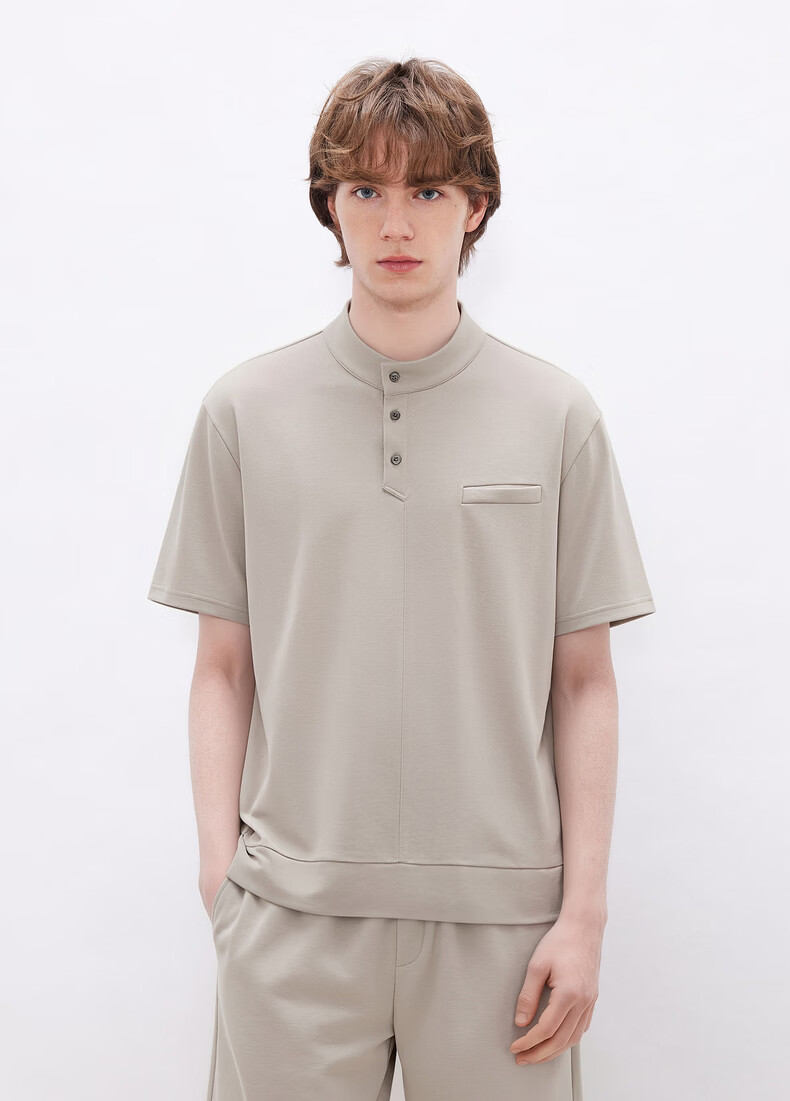 Gxgjeans Men's Casual Basic Henry Collar Stand Collar Short Sleeve Polo Shirt 26 Summer New Light Khaki 180/XL 9