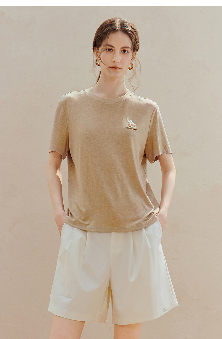 INMAN Acetate Linen Pet Embroidery T-Shirt 26 Summer Women's New Regular Fit Short Sleeve Top Khaki L 22