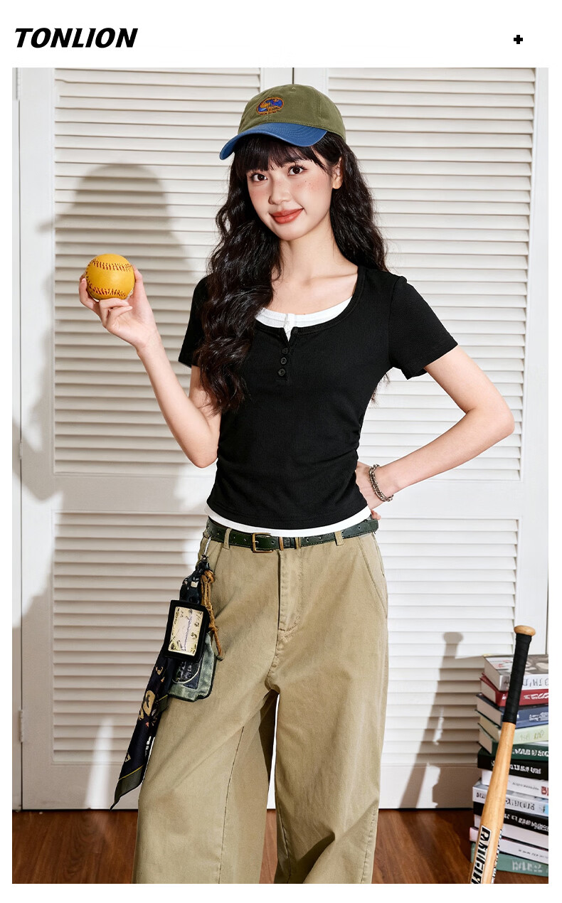 TonLion Women's Summer 2026 New Slim Fit Shoulder Patch Two-Piece Style Short Sleeve T-Shirt Top 8