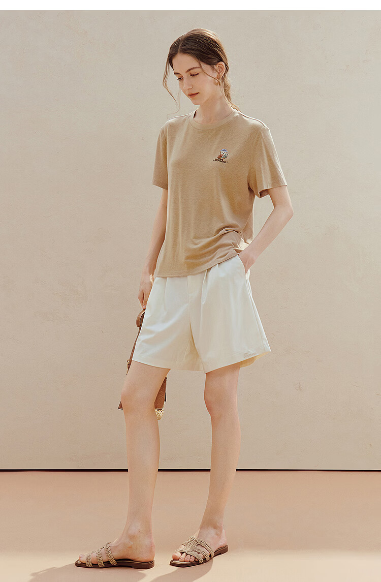 INMAN Acetate Linen Pet Embroidery T-Shirt 26 Summer Women's New Regular Fit Short Sleeve Top Khaki L 21