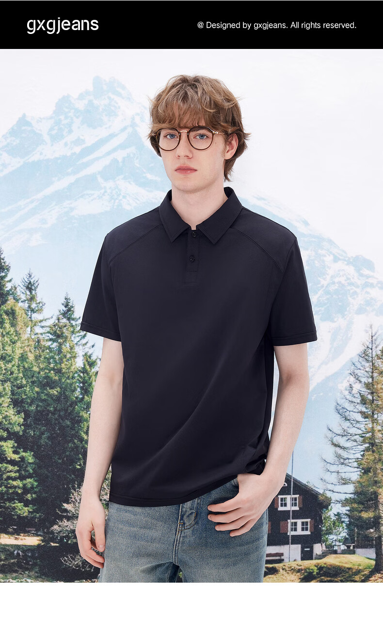 Gxgjeans Men's Shoulder Panel Simple Commuter Lapel Short Sleeve Polo Shirt 26 Summer New Black 170/M 2