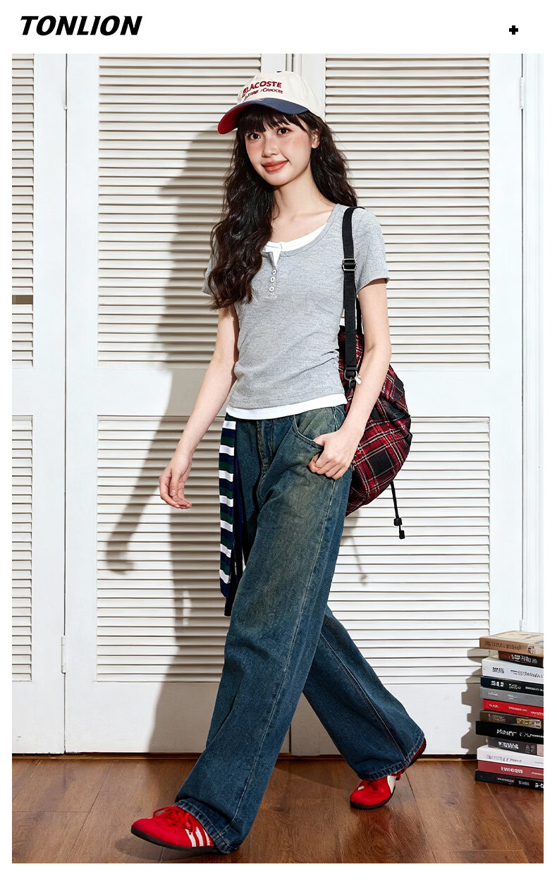 TonLion Women's Short Sleeve T-Shirt Summer New Fake Two-Piece High-End Shoulder Slim Fit Short Crop Top Spicy Girl Style 10