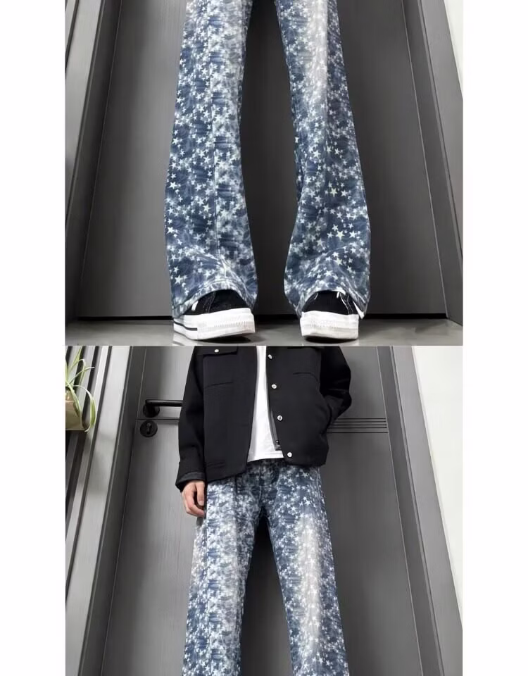 Stars Full Print Jacquard Jeans Men's American High Street Design Sense Of Gradual Change Straight Scimitar Casual Pants, Blue S_mkmklike.com
