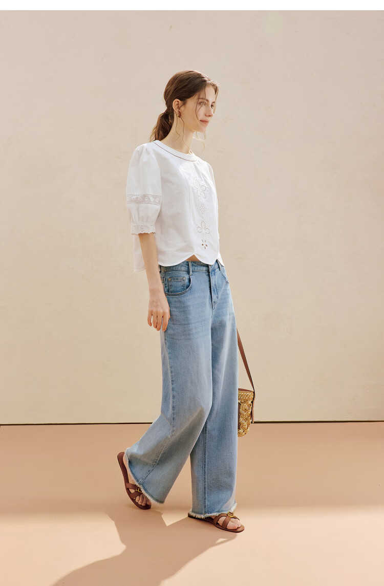 INMAN 100% Xinjiang Cotton Hollow Splicing Puff Sleeve Shirt Summer 2026 New Pullover White L 14