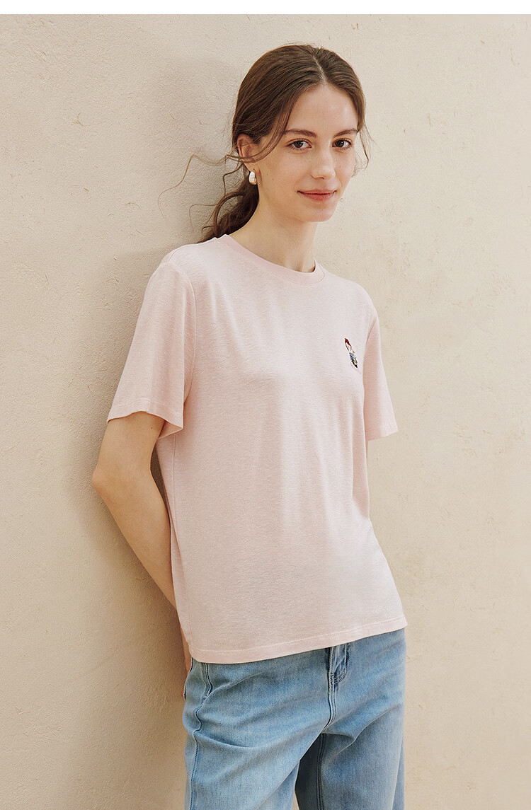 INMAN Acetate Linen Pet Embroidery T-Shirt 26 Summer Women's New Regular Fit Short Sleeve Top Khaki L 15