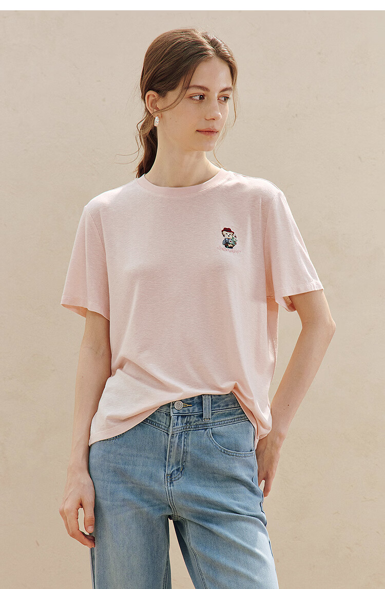 INMAN Acetate Linen Pet Embroidery T-Shirt 26 Summer Women's New Regular Fit Short Sleeve Top Khaki L 17