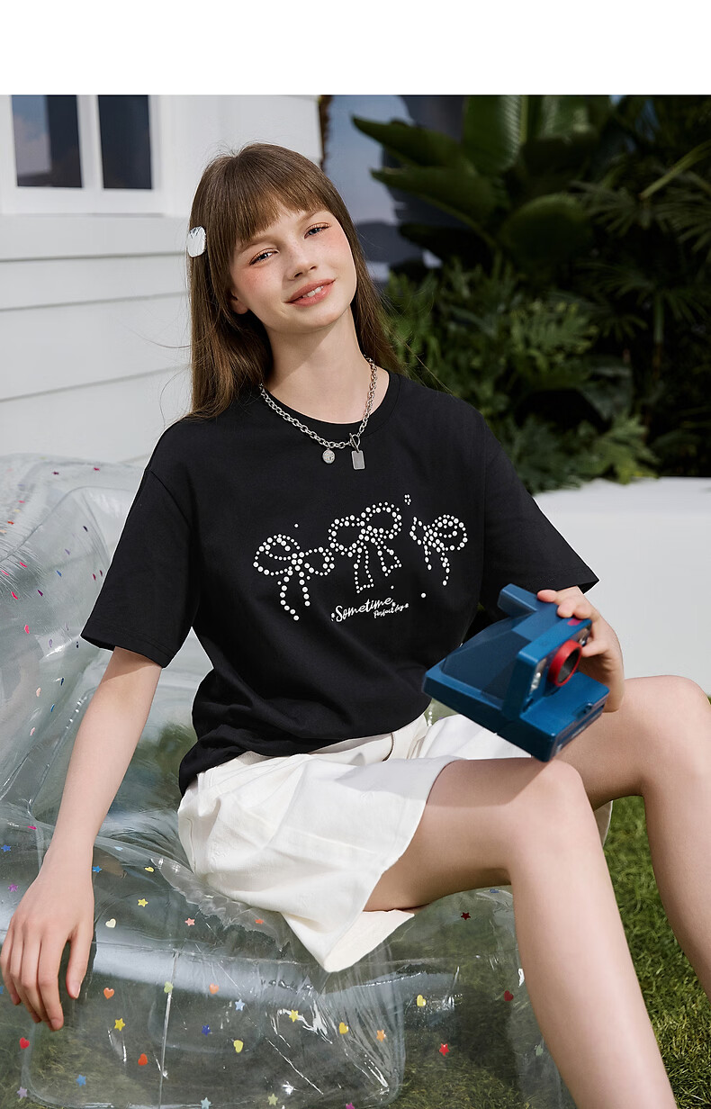 TonLion 2026 Summer New Women's Short Sleeve T-Shirt Black Bowknot Girl Style Cotton Round Neck Stylish Design 3
