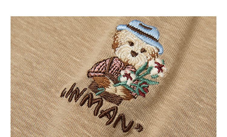 INMAN Acetate Linen Pet Embroidery T-Shirt 26 Summer Women's New Regular Fit Short Sleeve Top Khaki L 11