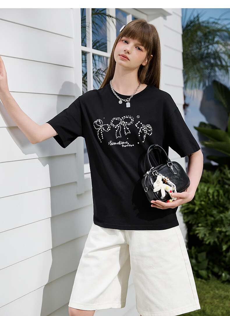 TonLion 2026 Summer New Women's Short Sleeve T-Shirt Black Bowknot Girl Style Cotton Round Neck Stylish Design 9