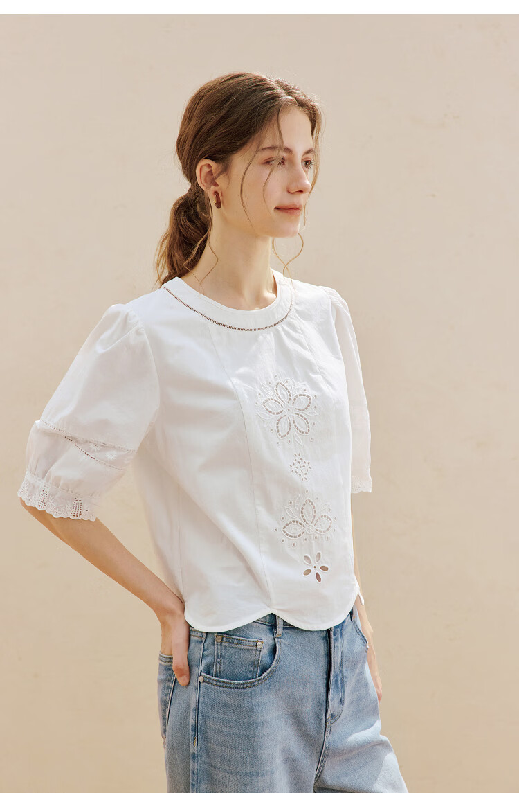 INMAN 100% Xinjiang Cotton Hollow Splicing Puff Sleeve Shirt Summer 2026 New Pullover White L 16