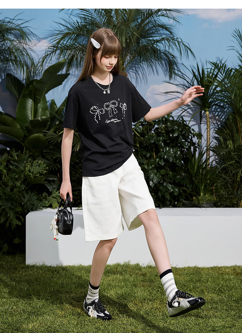 TonLion 2026 Summer New Women's Short Sleeve T-Shirt Black Bowknot Girl Style Cotton Round Neck Stylish Design 8