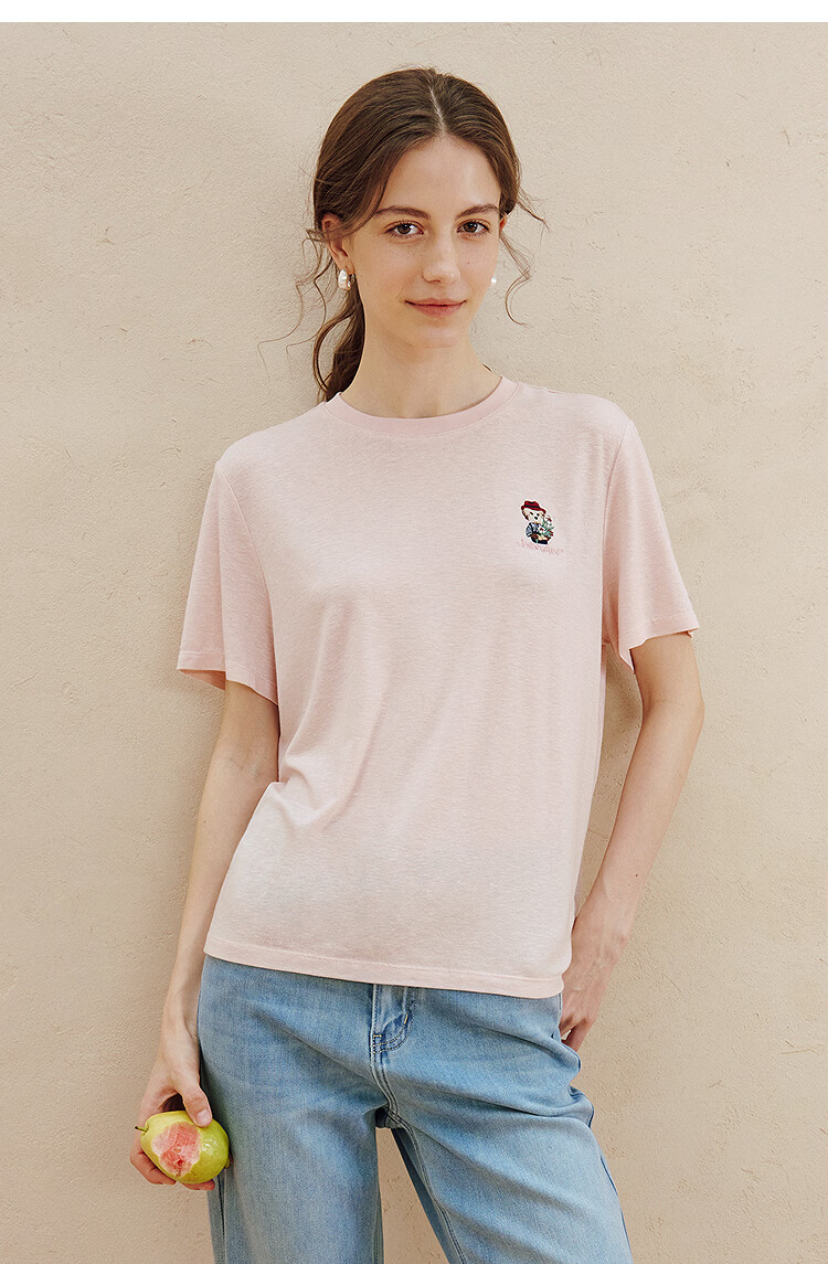 INMAN Acetate Linen Pet Embroidery T-Shirt 26 Summer Women's New Regular Fit Short Sleeve Top Khaki L 14