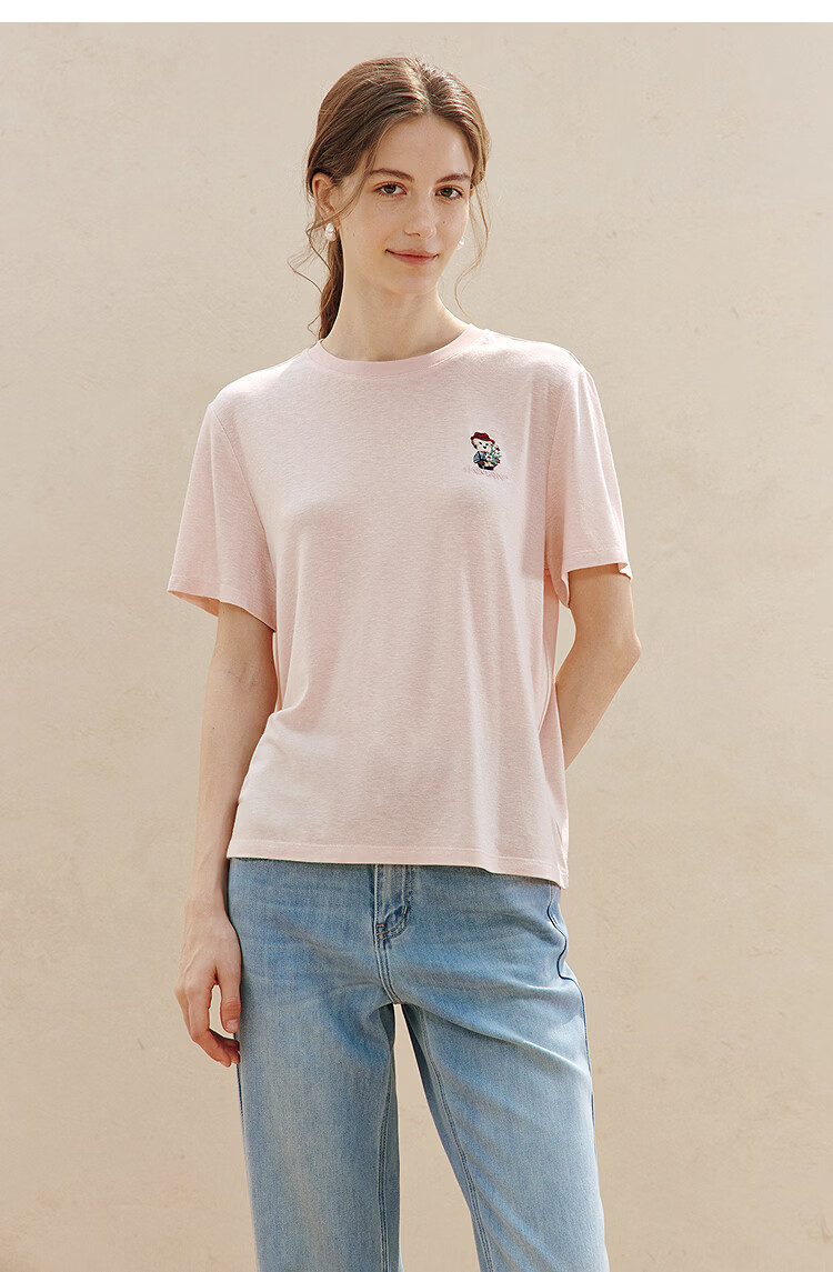 INMAN Acetate Linen Pet Embroidery T-Shirt 26 Summer Women's New Regular Fit Short Sleeve Top Khaki L 16
