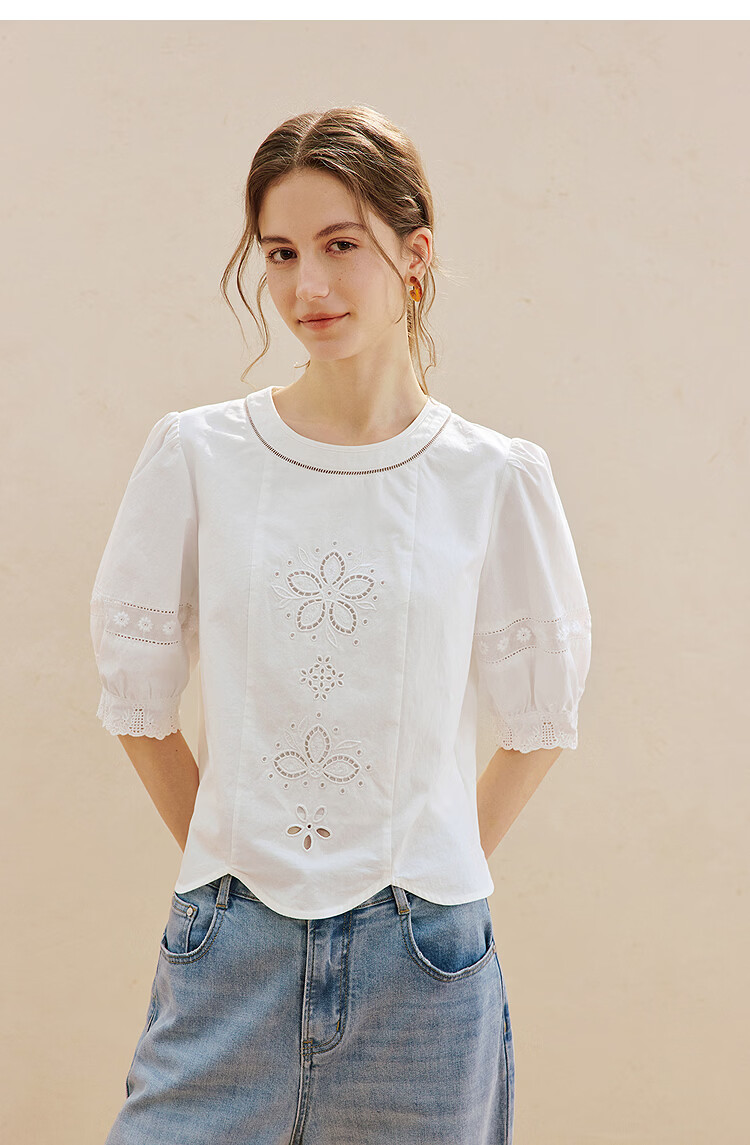 INMAN 100% Xinjiang Cotton Hollow Splicing Puff Sleeve Shirt Summer 2026 New Pullover White L 13