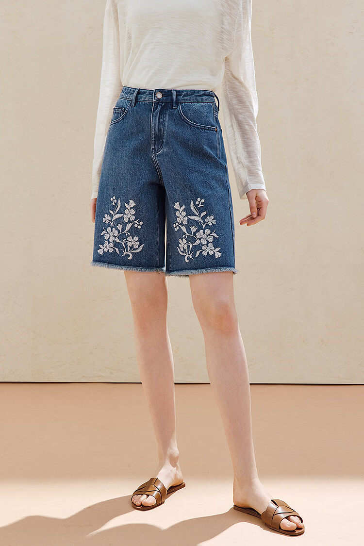 INMAN 100% Xinjiang Cotton Vintage Embroidered Denim Shorts 26 Summer Women's New Raw Hem Mid-Length Pants Denim Blue 28 2
