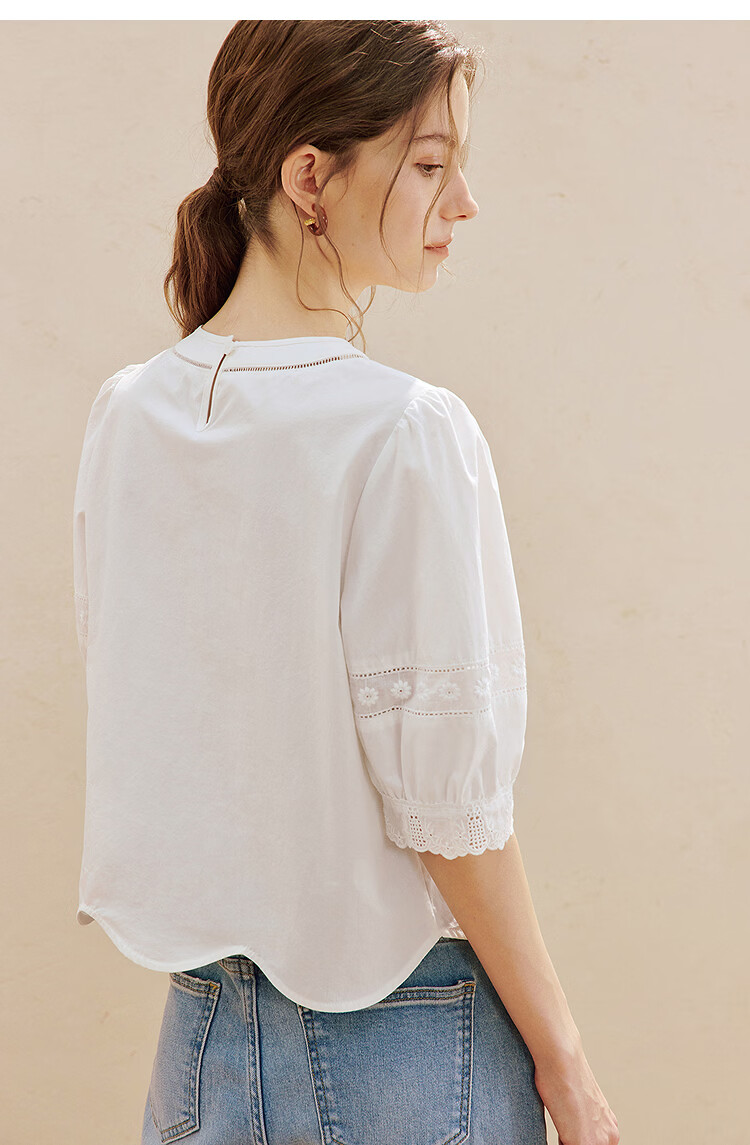 INMAN 100% Xinjiang Cotton Hollow Splicing Puff Sleeve Shirt Summer 2026 New Pullover White L 17