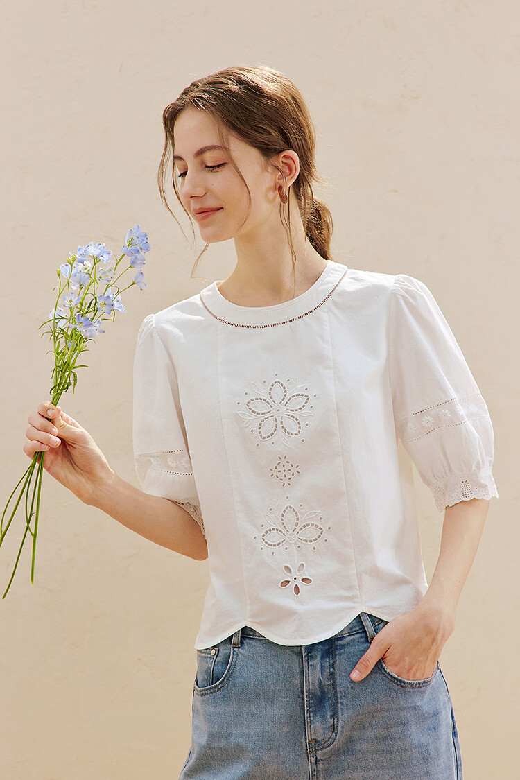 INMAN 100% Xinjiang Cotton Hollow Splicing Puff Sleeve Shirt Summer 2026 New Pullover White L 2