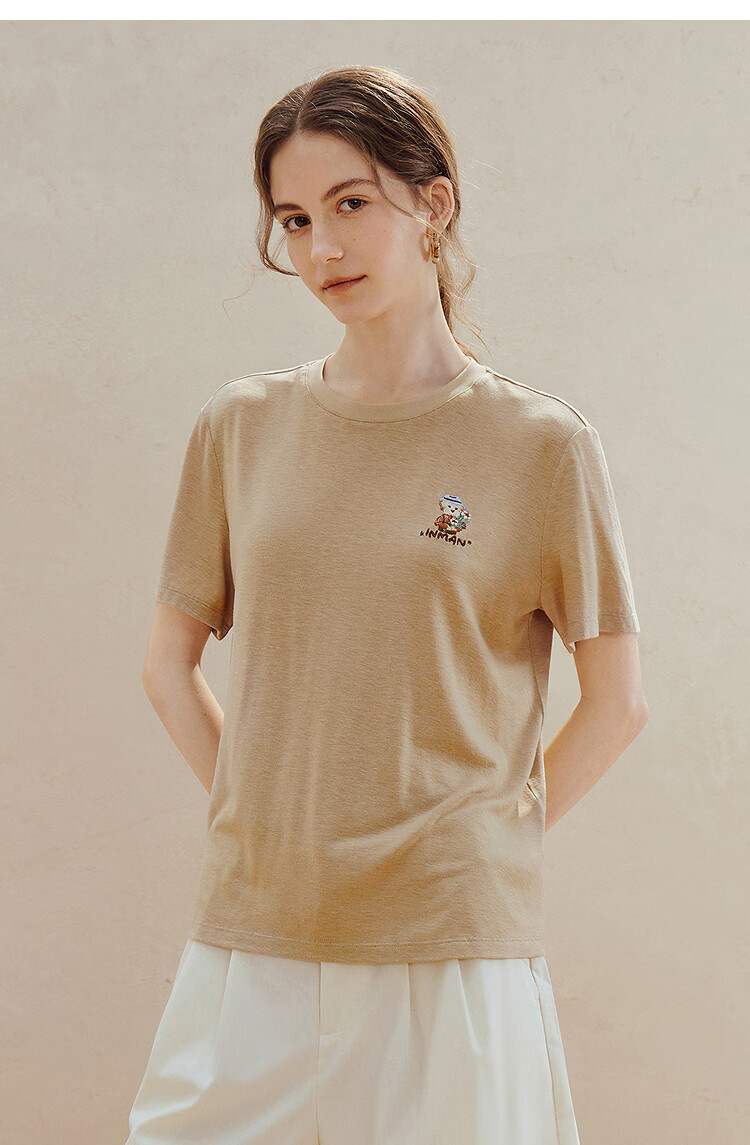 INMAN Acetate Linen Pet Embroidery T-Shirt 26 Summer Women's New Regular Fit Short Sleeve Top Khaki L 19