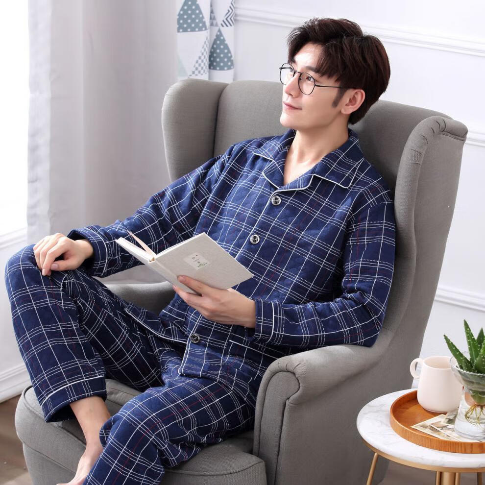 瑾芒男士睡衣加厚中老年男秋冬爸爸老人空气棉夹棉夹层保暖父亲家居服