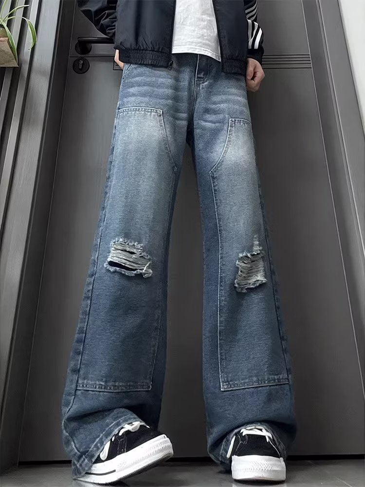 American Fake Ripped Tooling Jeans Men's American Vibe Wide-leg Pants Student Ruffian Handsome Micro-straight Casual Pants, Color (black) S_mkmklike.com