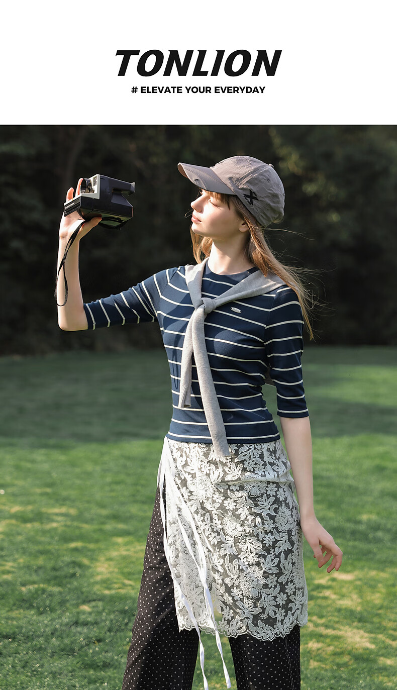 TonLion 2026 Summer New Women's Short Sleeve Striped Slim Fit Crop T-Shirt with Shawl 1