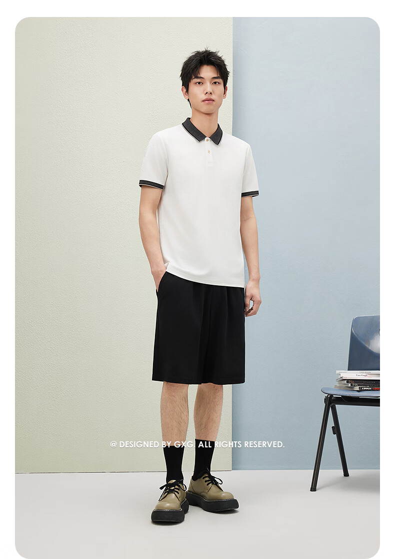 GXG Summer Men's Slim Fit Casual Color-Block Collar Light Business Short Sleeve Polo Shirt 9