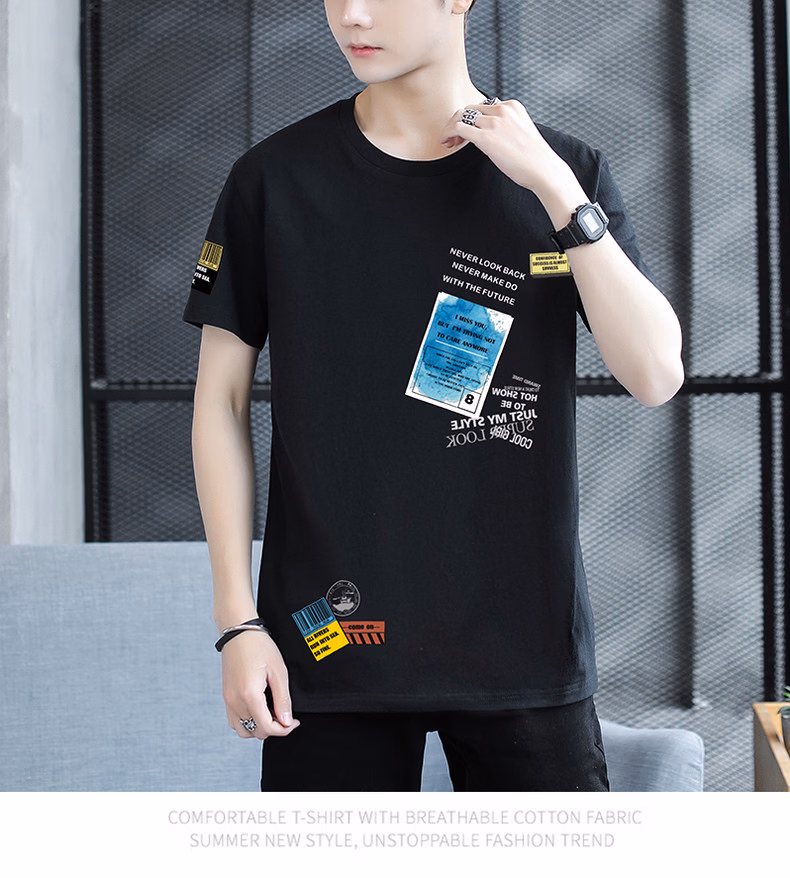 Ice Silk Thin Short-sleeved T-shirt Men's Summer Pure Cotton Teen Handsome Half-sleeved Summer Clothes T9902 Blue 2XL_viptrois.com