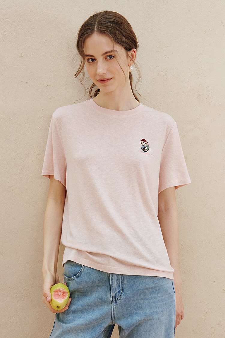 INMAN Acetate Linen Pet Embroidery T-Shirt 26 Summer Women's New Regular Fit Short Sleeve Top Khaki L 2