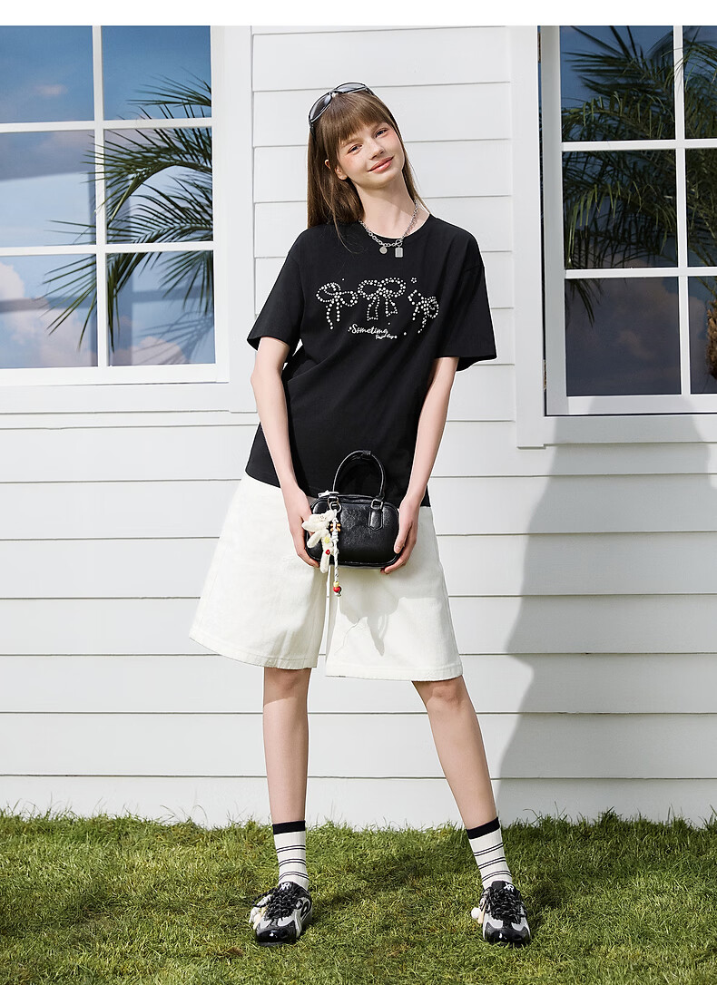 TonLion 2026 Summer New Women's Short Sleeve T-Shirt Black Bowknot Girl Style Cotton Round Neck Stylish Design 6