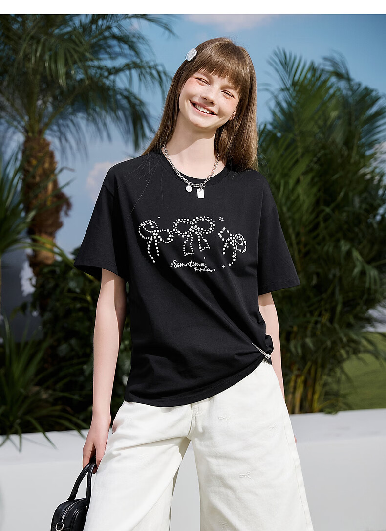 TonLion 2026 Summer New Women's Short Sleeve T-Shirt Black Bowknot Girl Style Cotton Round Neck Stylish Design 10