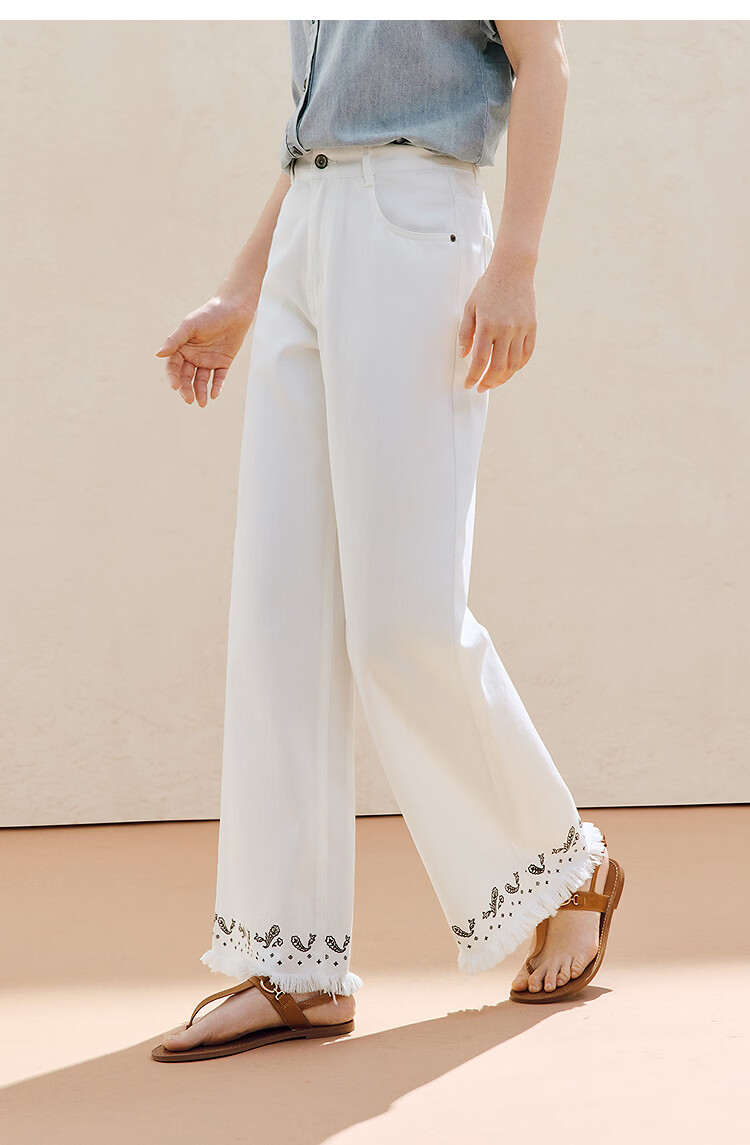 INMAN Lenzing Cotton Embroidered Tassel Denim Cropped Wide-Leg Pants 26 Summer Women's New Straight-Leg Trousers Pearl White 28 15