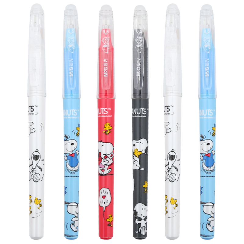 晨光可擦笔小学生中性笔3-5年级摩魔易可擦笔0.5黑晶墨蓝色史努比系列可以擦的笔 spkh3206 蓝色书写 6支