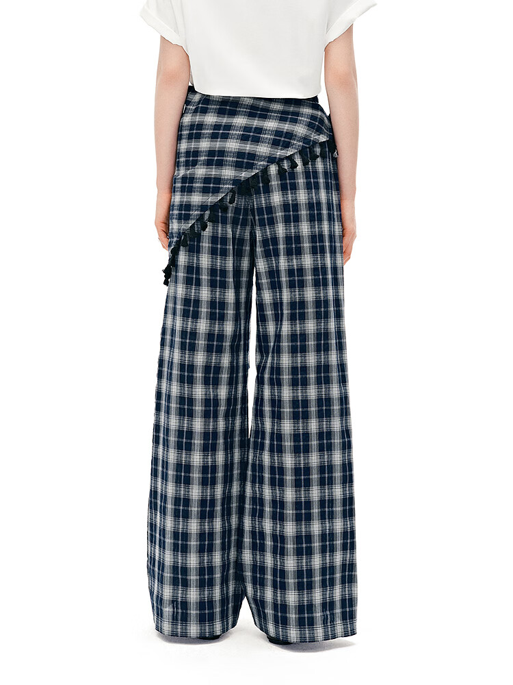 LeTing Colorblock Plaid Detachable Tassel Leather Curtain Wide-Leg College Style Casual Pants Navy Blue (In Stock) M 14