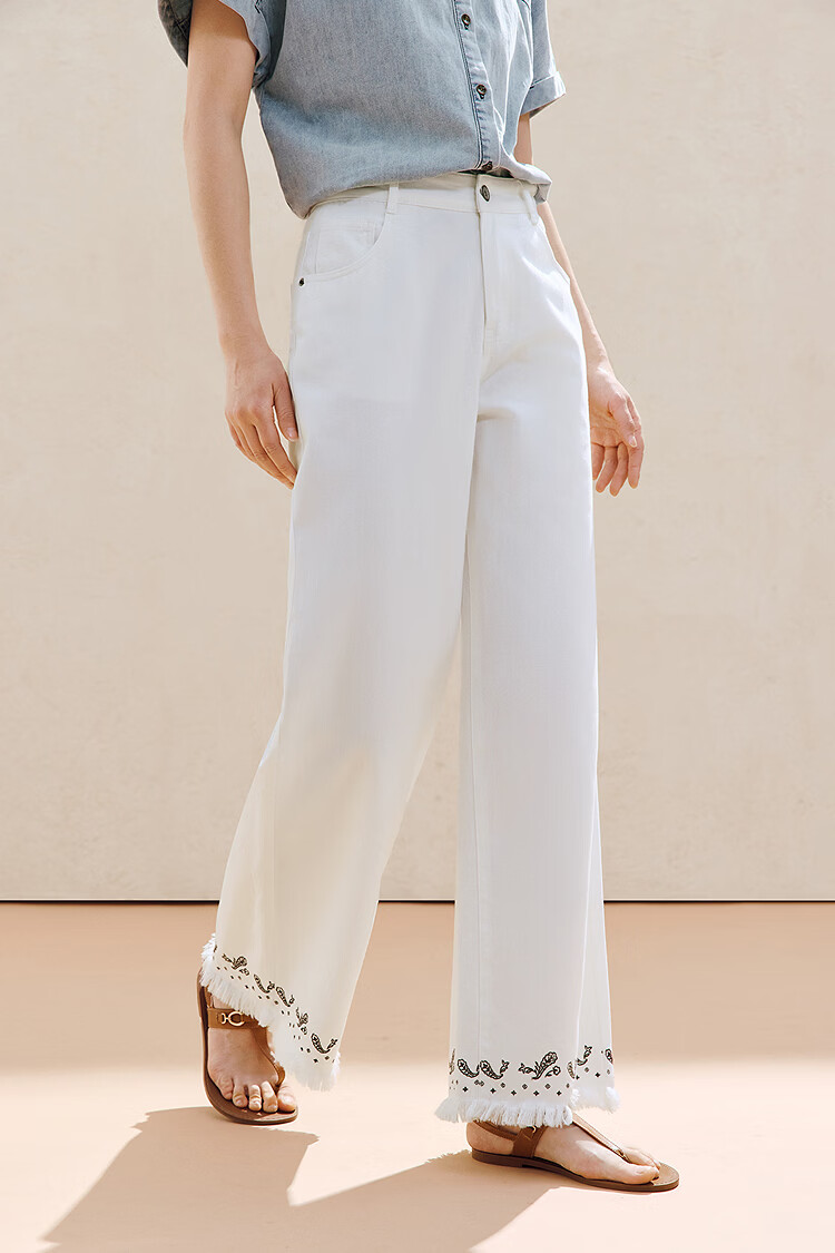 INMAN Lenzing Cotton Embroidered Tassel Denim Cropped Wide-Leg Pants 26 Summer Women's New Straight-Leg Trousers Pearl White 28 2