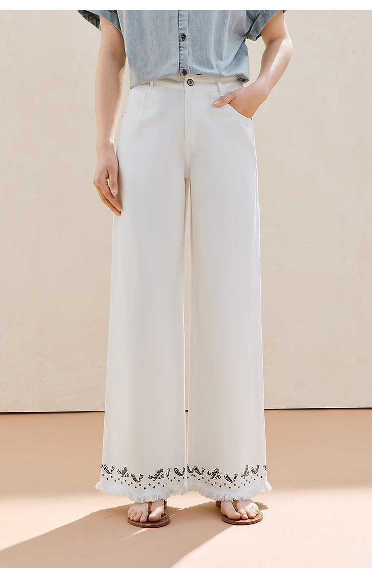 INMAN Lenzing Cotton Embroidered Tassel Denim Cropped Wide-Leg Pants 26 Summer Women's New Straight-Leg Trousers Pearl White 28 14