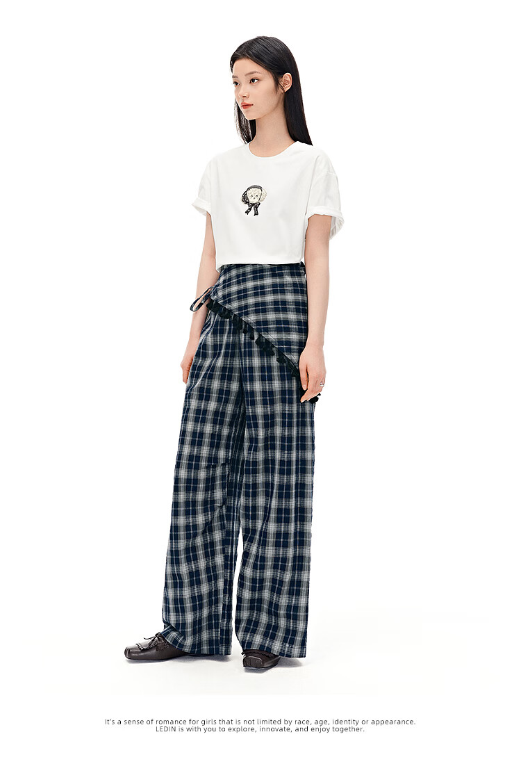 LeTing Colorblock Plaid Detachable Tassel Leather Curtain Wide-Leg College Style Casual Pants Navy Blue (In Stock) M 12