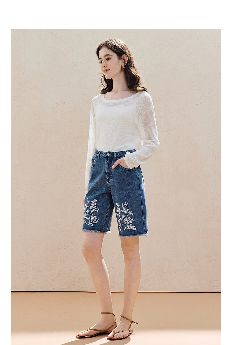 INMAN 100% Xinjiang Cotton Vintage Embroidered Denim Shorts 26 Summer Women's New Raw Hem Mid-Length Pants Denim Blue 28 4