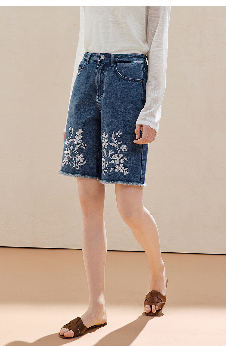 INMAN 100% Xinjiang Cotton Vintage Embroidered Denim Shorts 26 Summer Women's New Raw Hem Mid-Length Pants Denim Blue 28 14