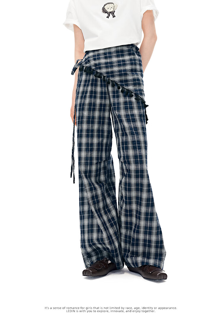 LeTing Colorblock Plaid Detachable Tassel Leather Curtain Wide-Leg College Style Casual Pants Navy Blue (In Stock) M 11