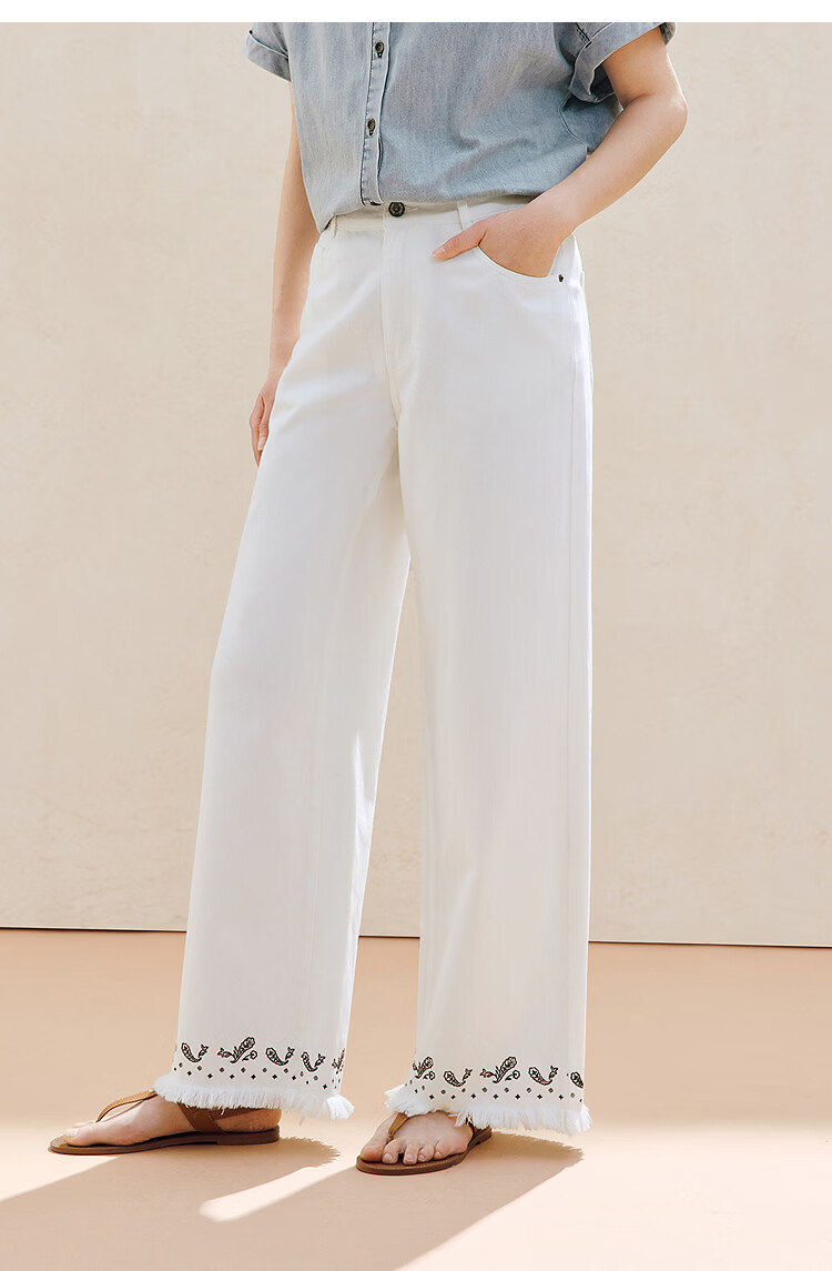 INMAN Lenzing Cotton Embroidered Tassel Denim Cropped Wide-Leg Pants 26 Summer Women's New Straight-Leg Trousers Pearl White 28 17